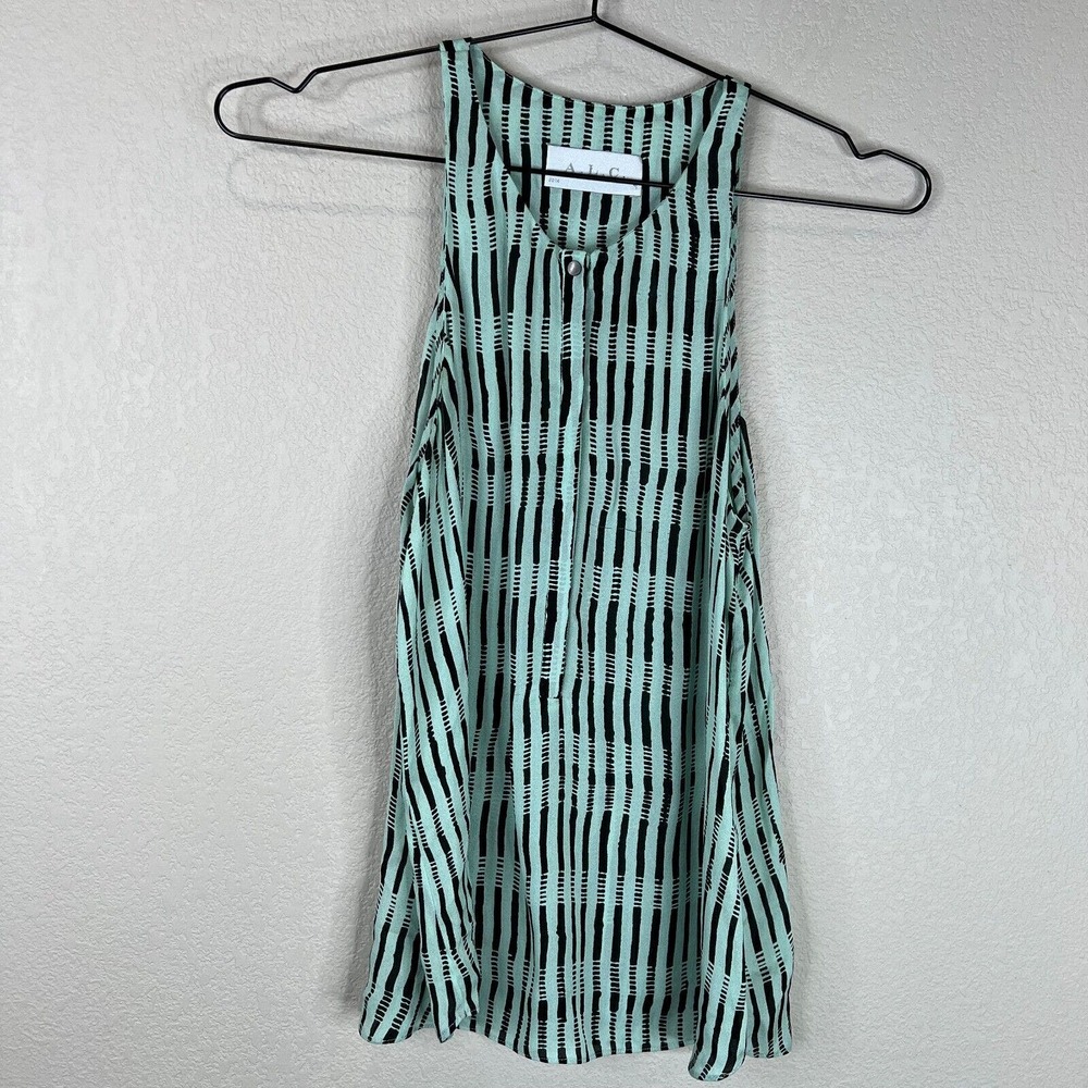 A.L.C. Womens Lennox Tank Top Size XS Green/Black Printed Silk Sleeveless Blouse